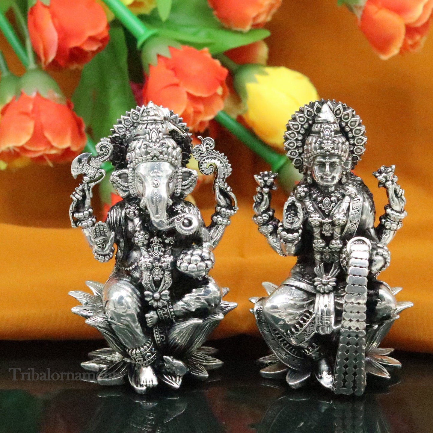 3.3" small 925 Sterling silver handmade customized Hindu idol Laxmi and Ganesha statue, puja article figurine, home décor Diwali puja art379 - TRIBAL ORNAMENTS