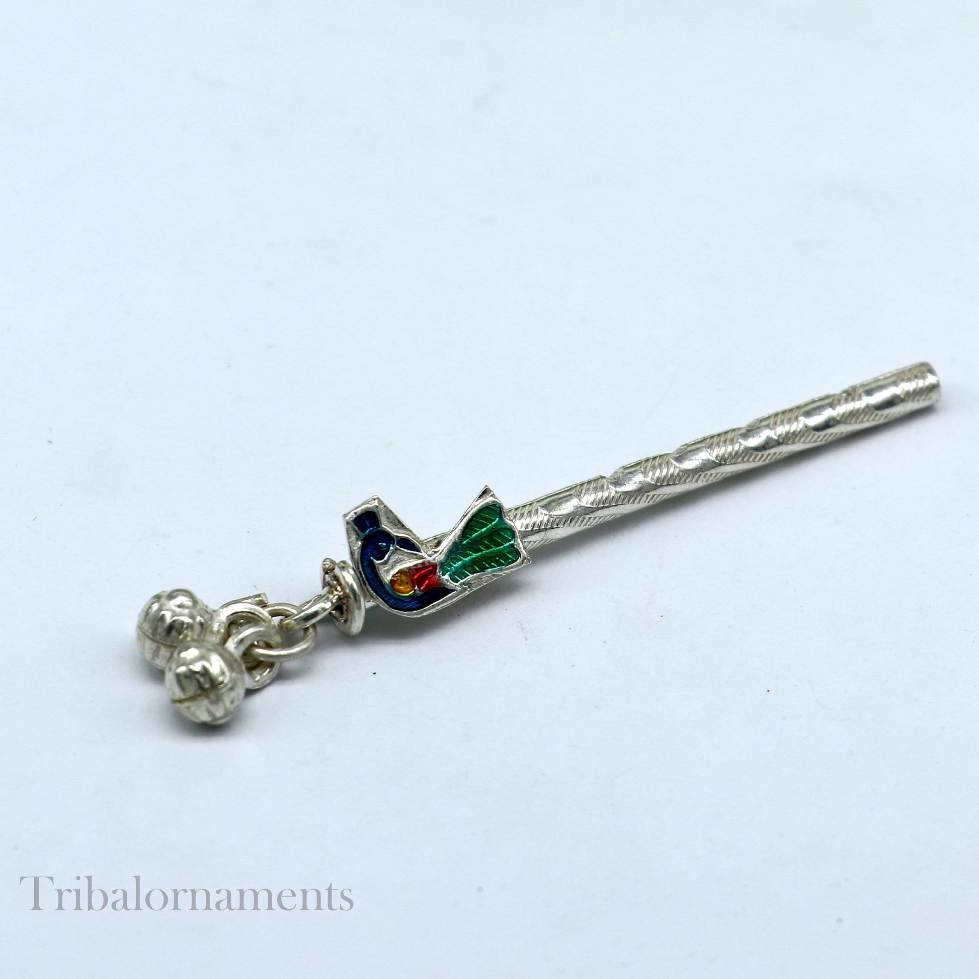 Peacock design Krishna Flute sterling silver handmade Krishna flute, silver Bansuri, Baby Gopala flute, little krishna flute puja art su578 - TRIBAL ORNAMENTS