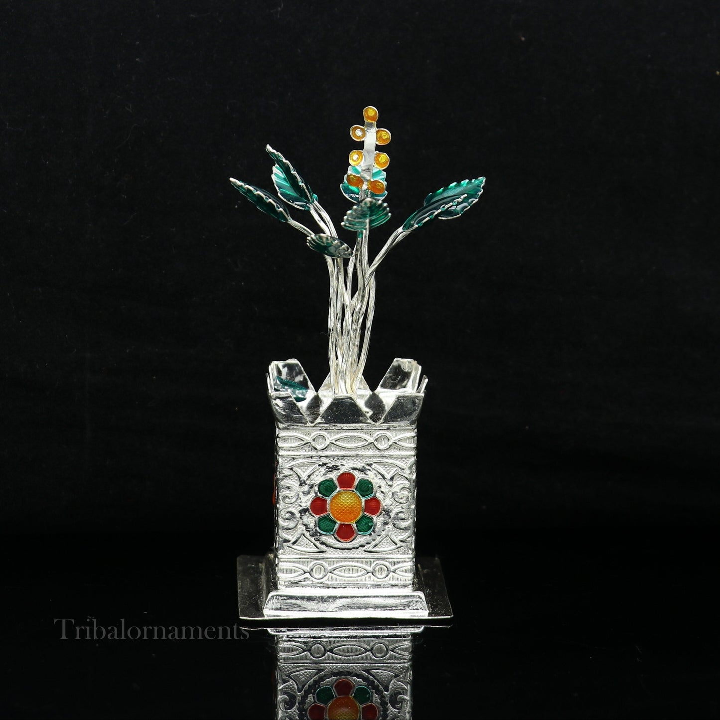 925 sterling silver handmade mini holy Tulsi plant basil rosary plant for puja temple article, excellent silver utensils article su582 - TRIBAL ORNAMENTS