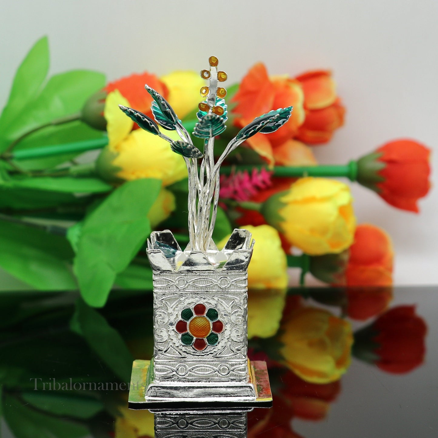 925 sterling silver handmade mini holy Tulsi plant basil rosary plant for puja temple article, excellent silver utensils article su582 - TRIBAL ORNAMENTS
