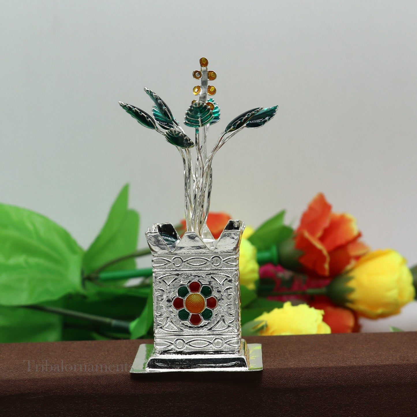 925 sterling silver handmade mini holy Tulsi plant basil rosary plant for puja temple article, excellent silver utensils article su582 - TRIBAL ORNAMENTS