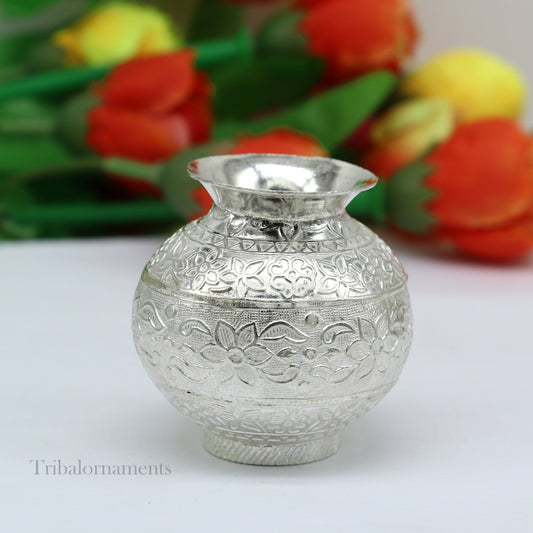 Genuine 925 sterling silver handmade plain design Kalash or pot, unique special silver puja article, water or milk kalash pot india su583 - TRIBAL ORNAMENTS