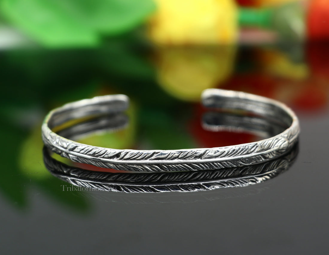 925 sterling silver or Gold polished feather design handmade adjustable cuff bangle bracelet kada unisex men's or girl's jewelry Gnsk370 - TRIBAL ORNAMENTS