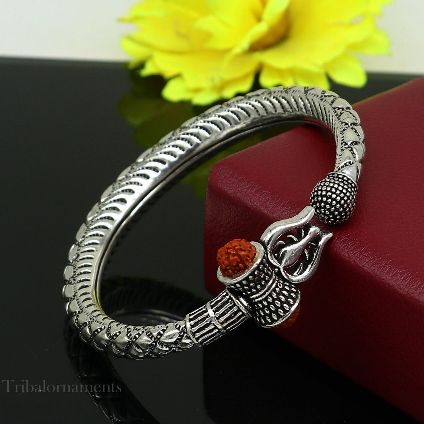 925 Sterling silver handmade chitai work Lord Shiva trident trishul kada bangle bracelet natural Rudraksha beads customized kada nsk380 - TRIBAL ORNAMENTS