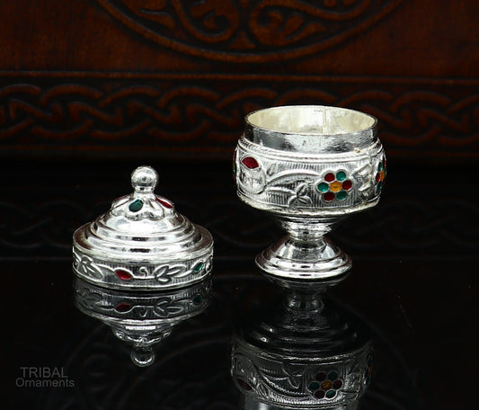 925 Sterling silver handmade fabulous trinket box, solid container box, casket box, sindoor box, enamel work customized gifting box stb273 - TRIBAL ORNAMENTS