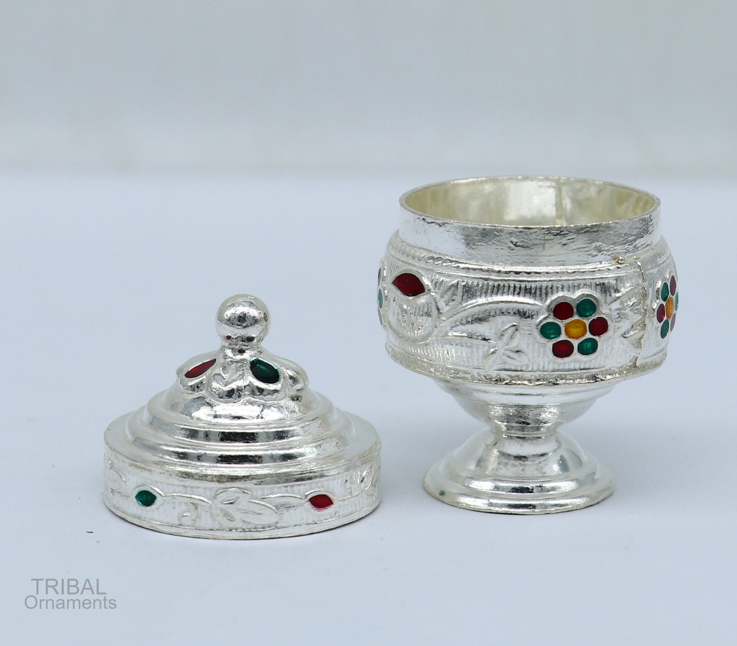 925 Sterling silver handmade fabulous trinket box, solid container box, casket box, sindoor box, enamel work customized gifting box stb273 - TRIBAL ORNAMENTS