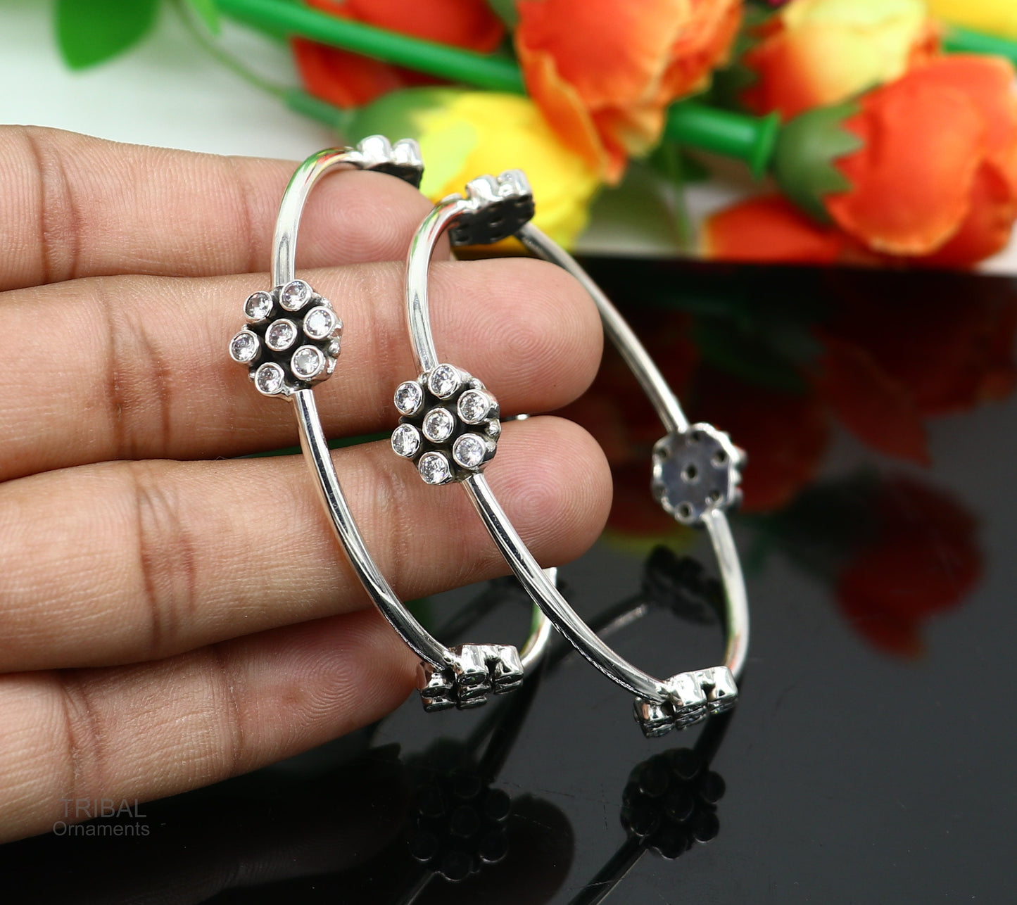 925 sterling silver plain bangle bracelet with gorgeous cubic zircon stone floral design bangles, best brides or girl's jewelry ba127 - TRIBAL ORNAMENTS