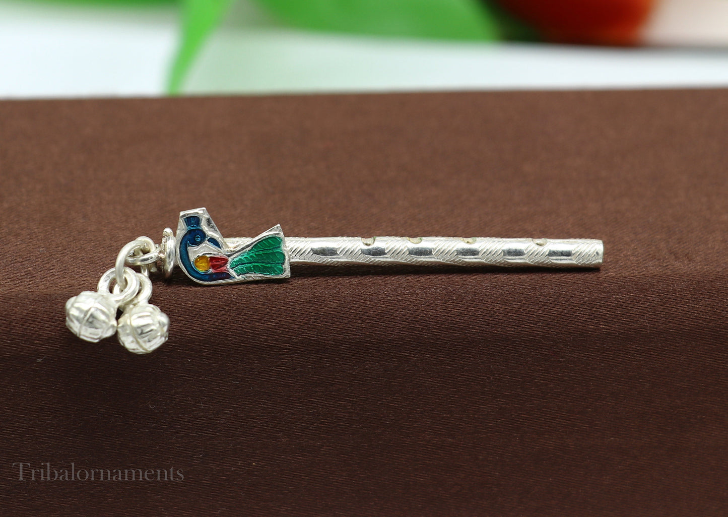 Peacock design Krishna Flute sterling silver handmade Krishna flute, silver Bansuri, Baby Gopala flute, little krishna flute puja art su578 - TRIBAL ORNAMENTS