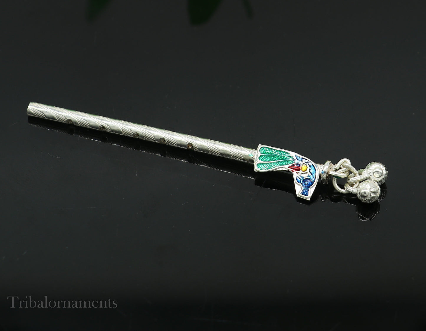 8cm sterling silver handmade Peacock design Krishna flute, silver Bansuri, Baby Gopala flute, little krishna flute puja art su580 - TRIBAL ORNAMENTS