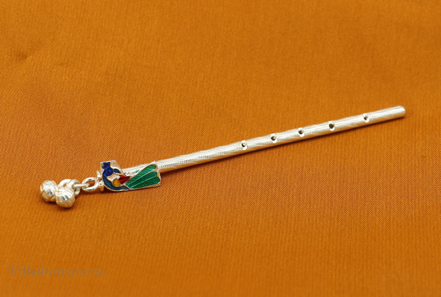 9cm long sterling silver handmade Peacock design Krishna flute, silver Bansuri, Baby Gopala flute, little krishna flute puja art su581 - TRIBAL ORNAMENTS