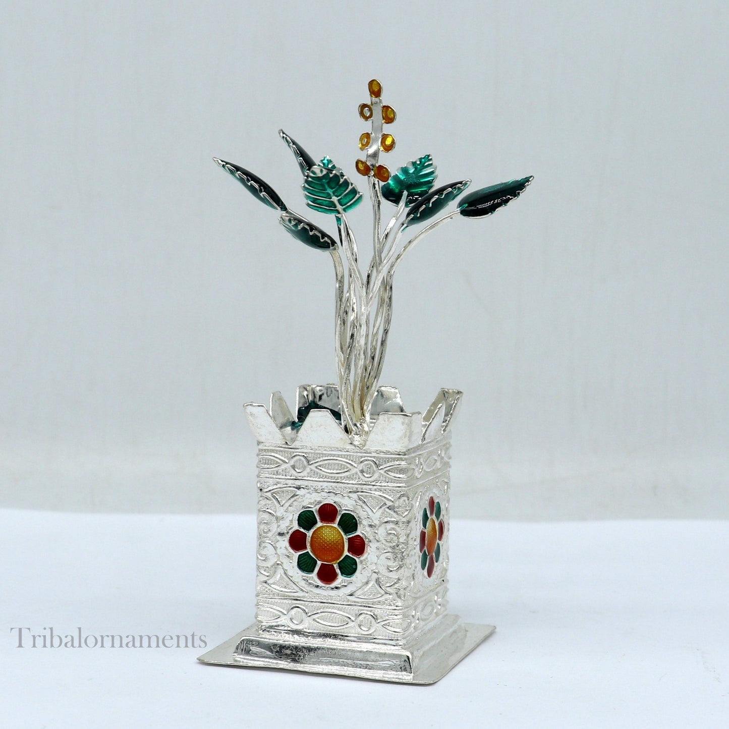 925 sterling silver handmade mini holy Tulsi plant basil rosary plant for puja temple article, excellent silver utensils article su582 - TRIBAL ORNAMENTS