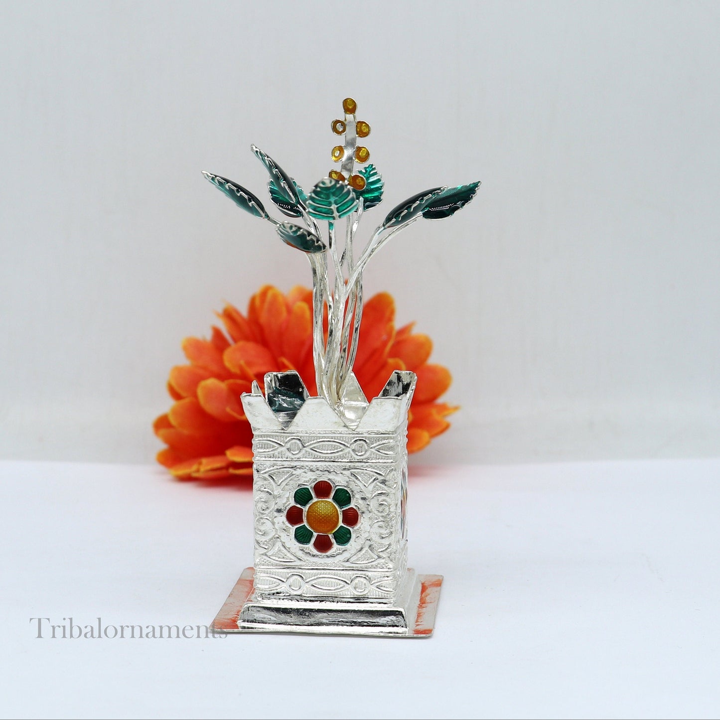 925 sterling silver handmade mini holy Tulsi plant basil rosary plant for puja temple article, excellent silver utensils article su582 - TRIBAL ORNAMENTS