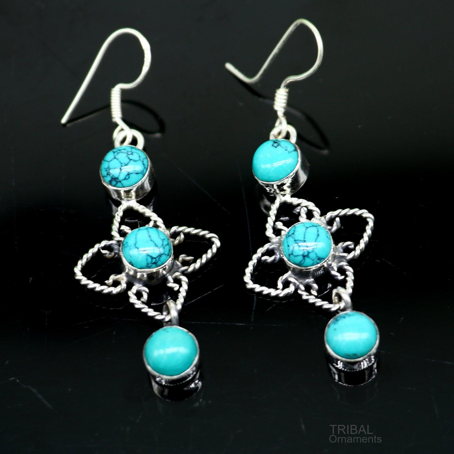 925 sterling silver hoops earring, gorgeous Blue turquoise stone charm earring excellent gifting brides earring party jewelry s993 - TRIBAL ORNAMENTS