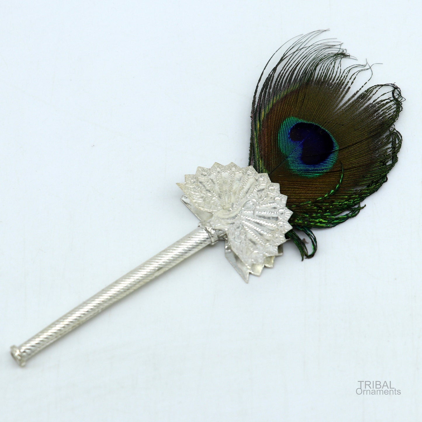 Vintage antique style handmade Mor chhadi, with peacock feather, best lord krishna laddu gopal gift, silver pankhi silver mor chadi su602 - TRIBAL ORNAMENTS