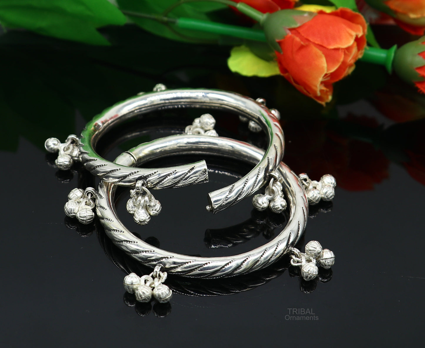 925 sterling silver handmade amazing jingling bells traditional indian kada bangle bracelet jewelry, stylish brides ethnic jewelry ba138 - TRIBAL ORNAMENTS