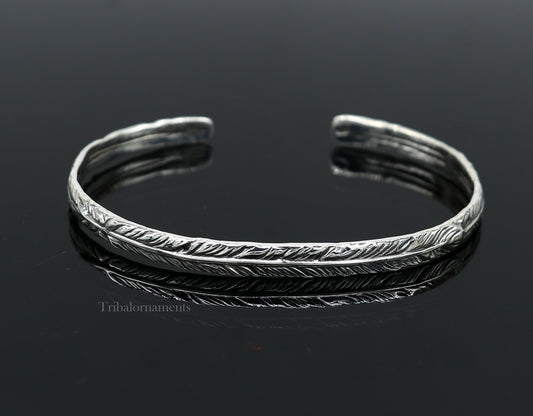 925 sterling silver or Gold polished feather design handmade adjustable cuff bangle bracelet kada unisex men's or girl's jewelry Gnsk370 - TRIBAL ORNAMENTS