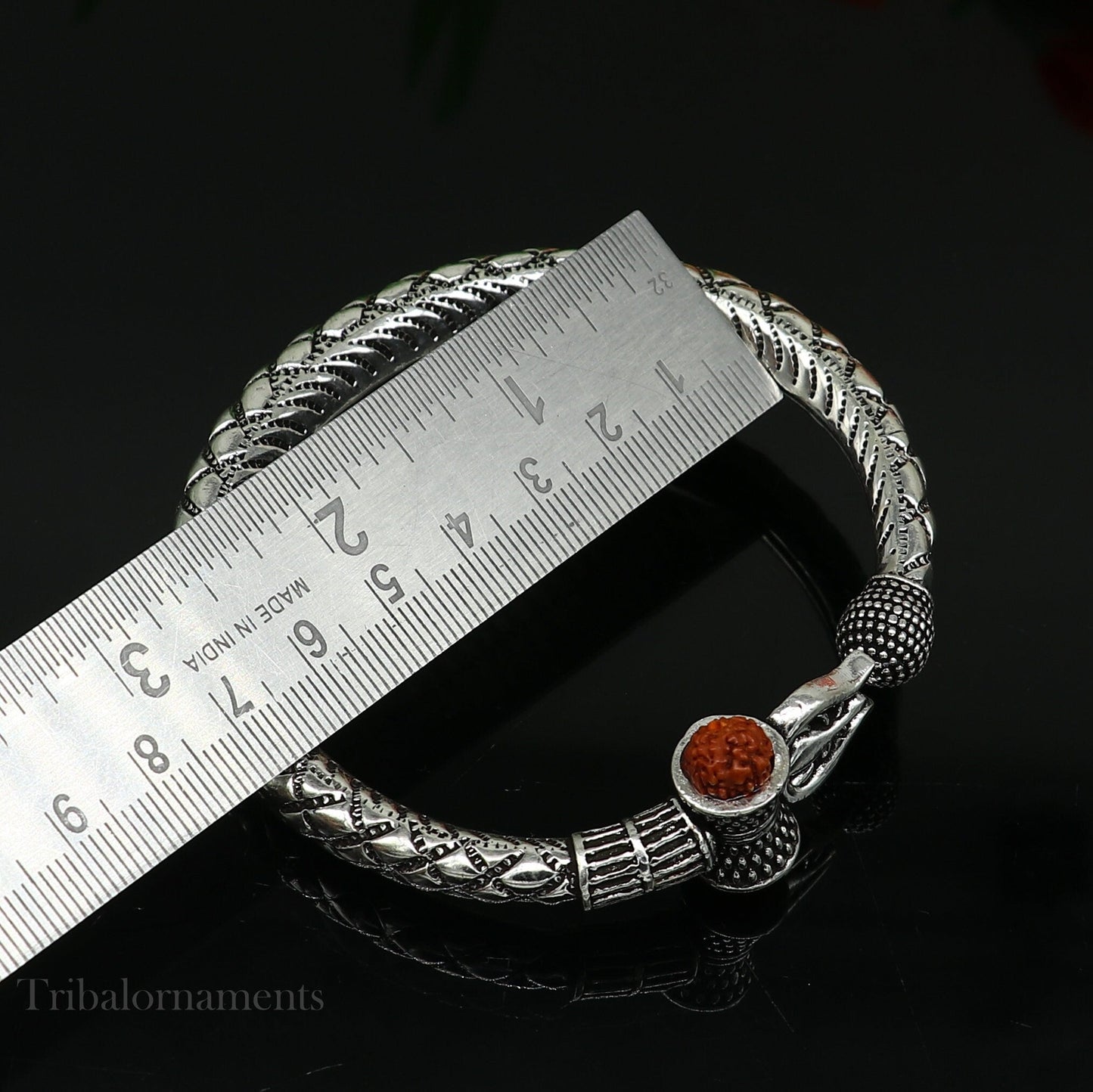 925 Sterling silver handmade chitai work Lord Shiva trident trishul kada bangle bracelet natural Rudraksha beads customized kada nsk380 - TRIBAL ORNAMENTS