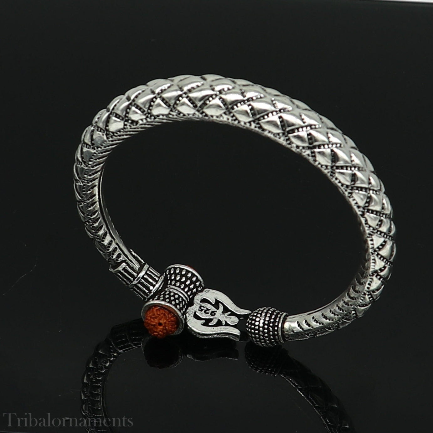 925 Sterling silver handmade chitai work Lord Shiva trident trishul kada bangle bracelet natural Rudraksha beads customized kada nsk380 - TRIBAL ORNAMENTS