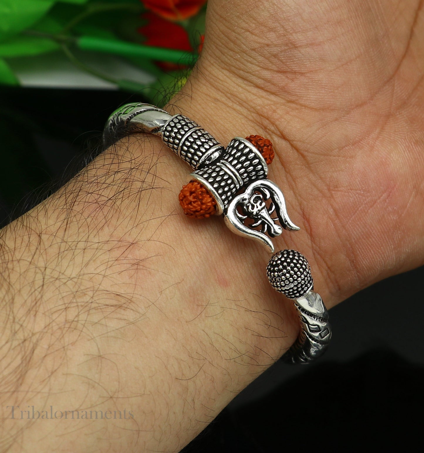 Divine Lord Shiva trident trishul trishool kada 925 Sterling silver handmade bangle bracelet with natural Rudraksha magical kada nsk383 - TRIBAL ORNAMENTS