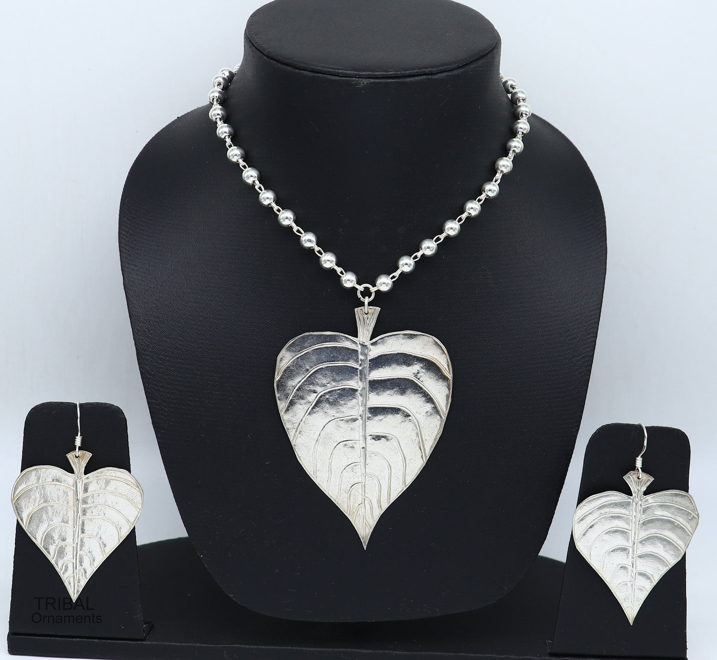 Solid Sterling silver handmade vintage design peepal tree leaf pendant with beaded necklace tribal ethnic customized jewelry set275 - TRIBAL ORNAMENTS