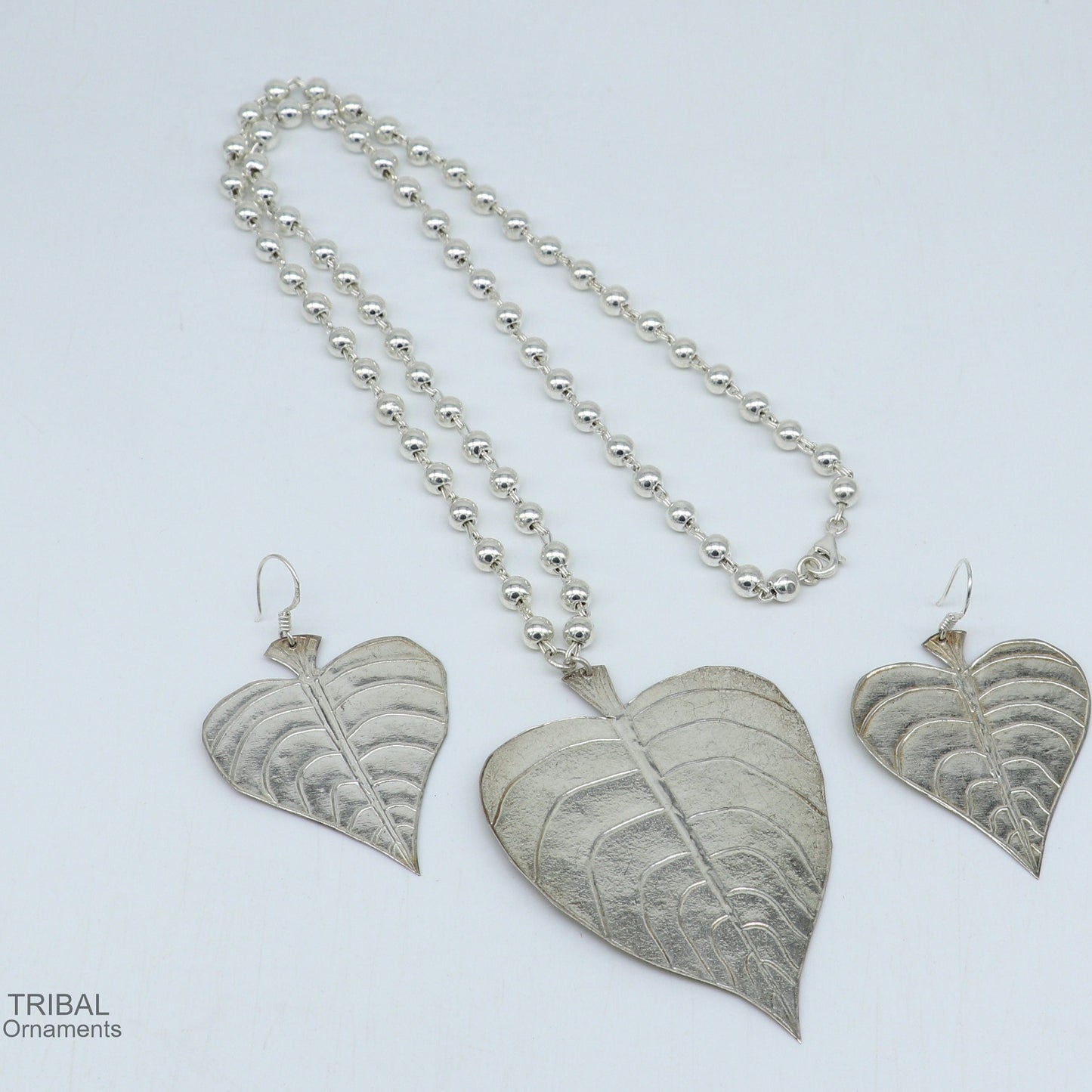 Solid Sterling silver handmade vintage design peepal tree leaf pendant with beaded necklace tribal ethnic customized jewelry set275 - TRIBAL ORNAMENTS