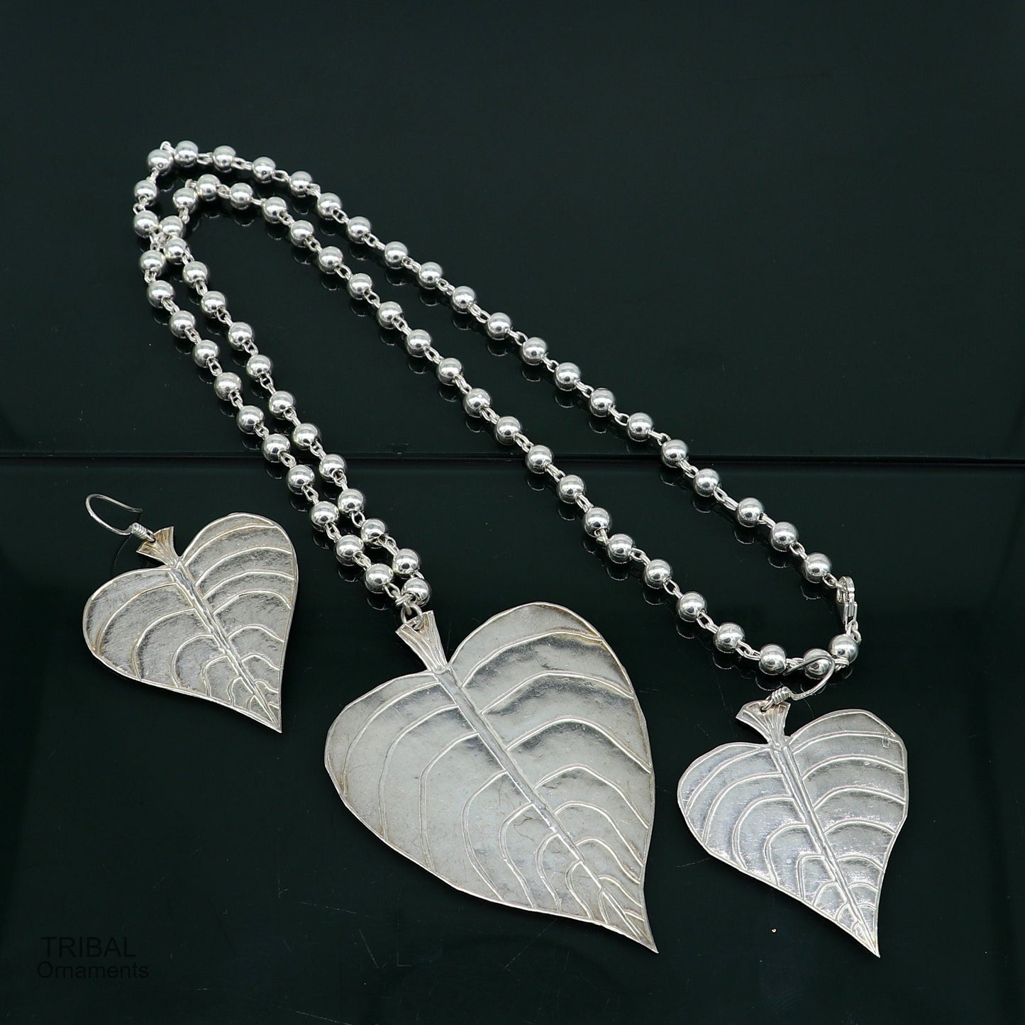 Solid Sterling silver handmade vintage design peepal tree leaf pendant with beaded necklace tribal ethnic customized jewelry set275 - TRIBAL ORNAMENTS