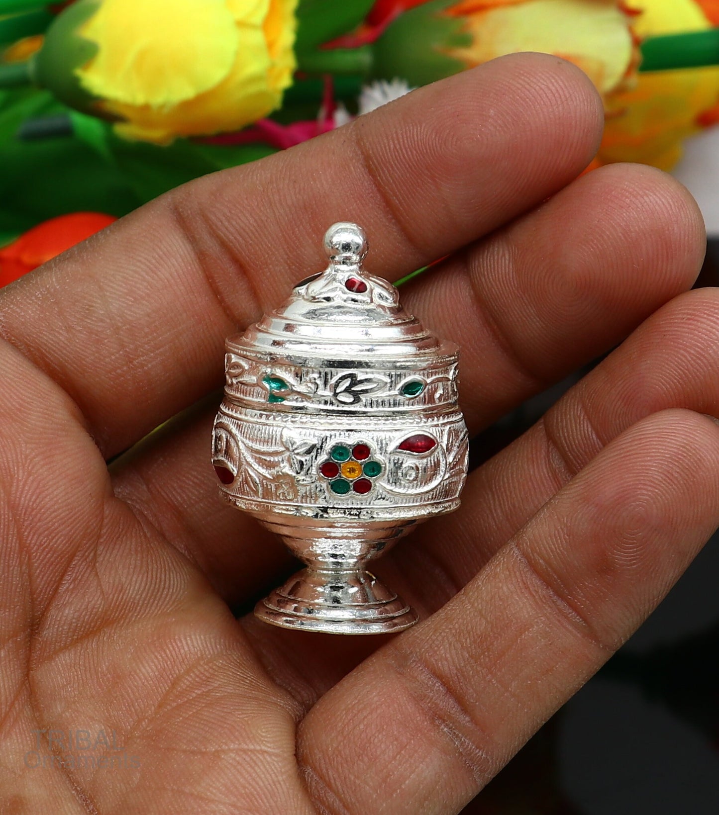 925 Sterling silver handmade fabulous trinket box, solid container box, casket box, sindoor box, enamel work customized gifting box stb273 - TRIBAL ORNAMENTS