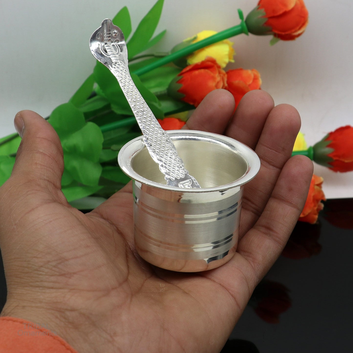 Solid sterling silver handmade elegant Ghee pot patra puuja or worshipping, Butter pot for kitchen, silver puja utensils from India su591 - TRIBAL ORNAMENTS