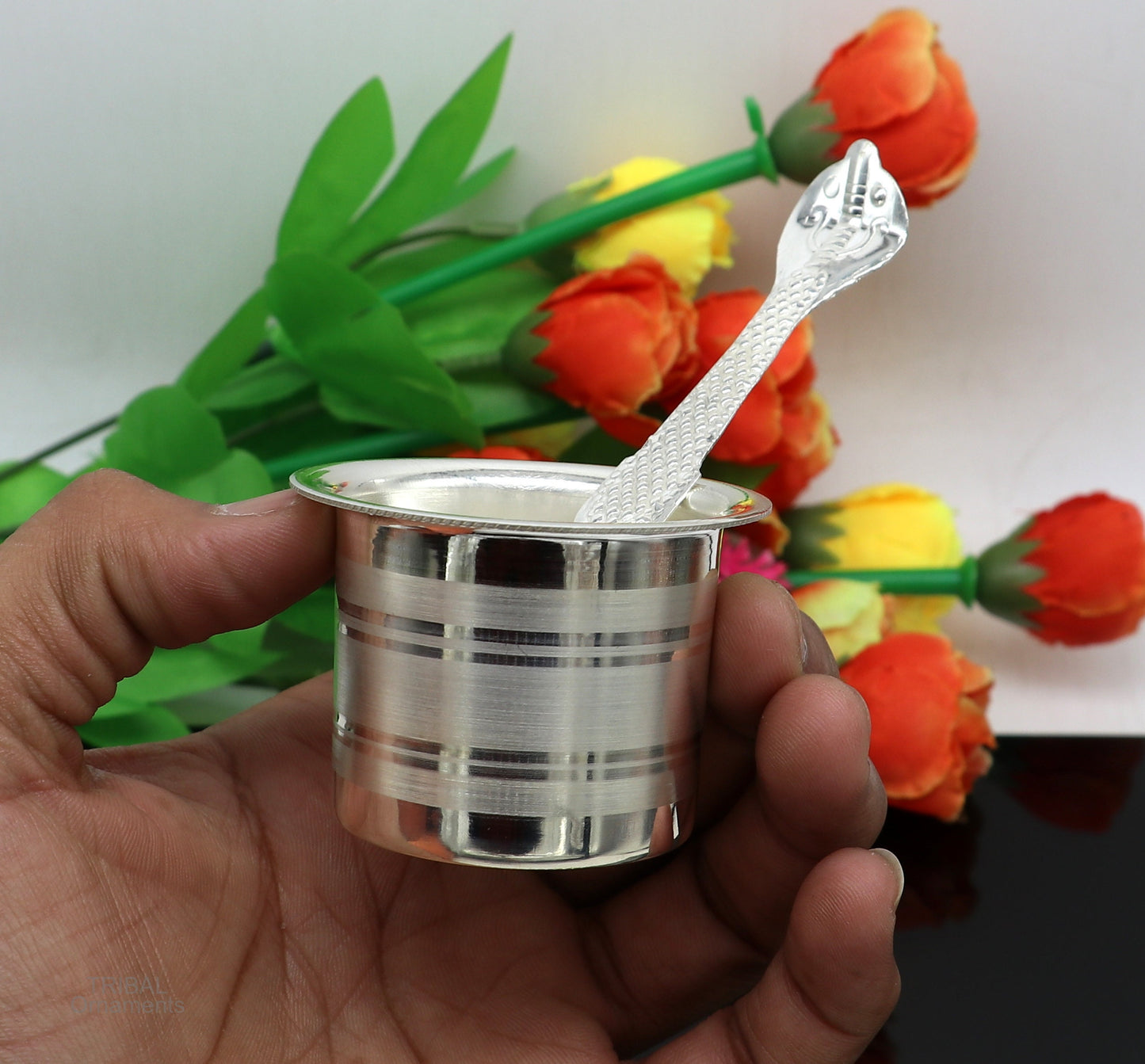 Solid sterling silver handmade elegant Ghee pot patra puuja or worshipping, Butter pot for kitchen, silver puja utensils from India su591 - TRIBAL ORNAMENTS