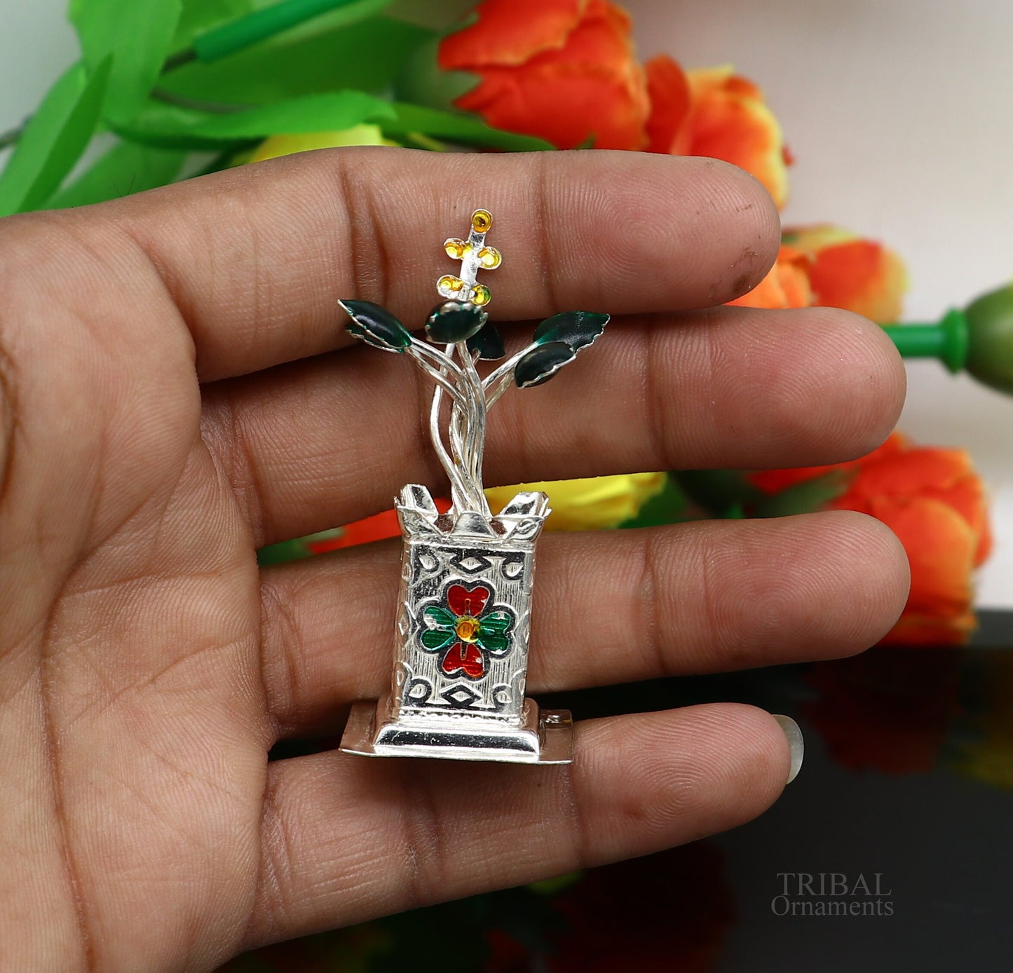 925 sterling silver handmade mini tulsi plant basil rosary plant for puja temple article, excellent customized silver utensils article su616 - TRIBAL ORNAMENTS