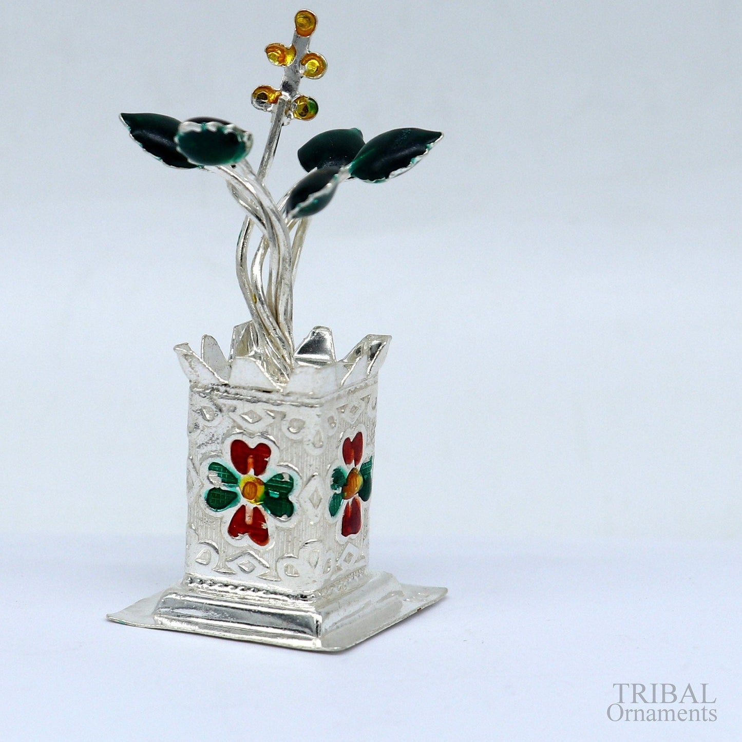925 sterling silver handmade mini tulsi plant basil rosary plant for puja temple article, excellent customized silver utensils article su616 - TRIBAL ORNAMENTS