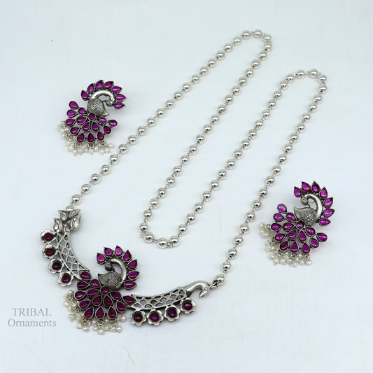 925 sterling silver handmade peacock design stylish luxury necklace, best brides belly dance Guttapusalu necklace set283 - TRIBAL ORNAMENTS