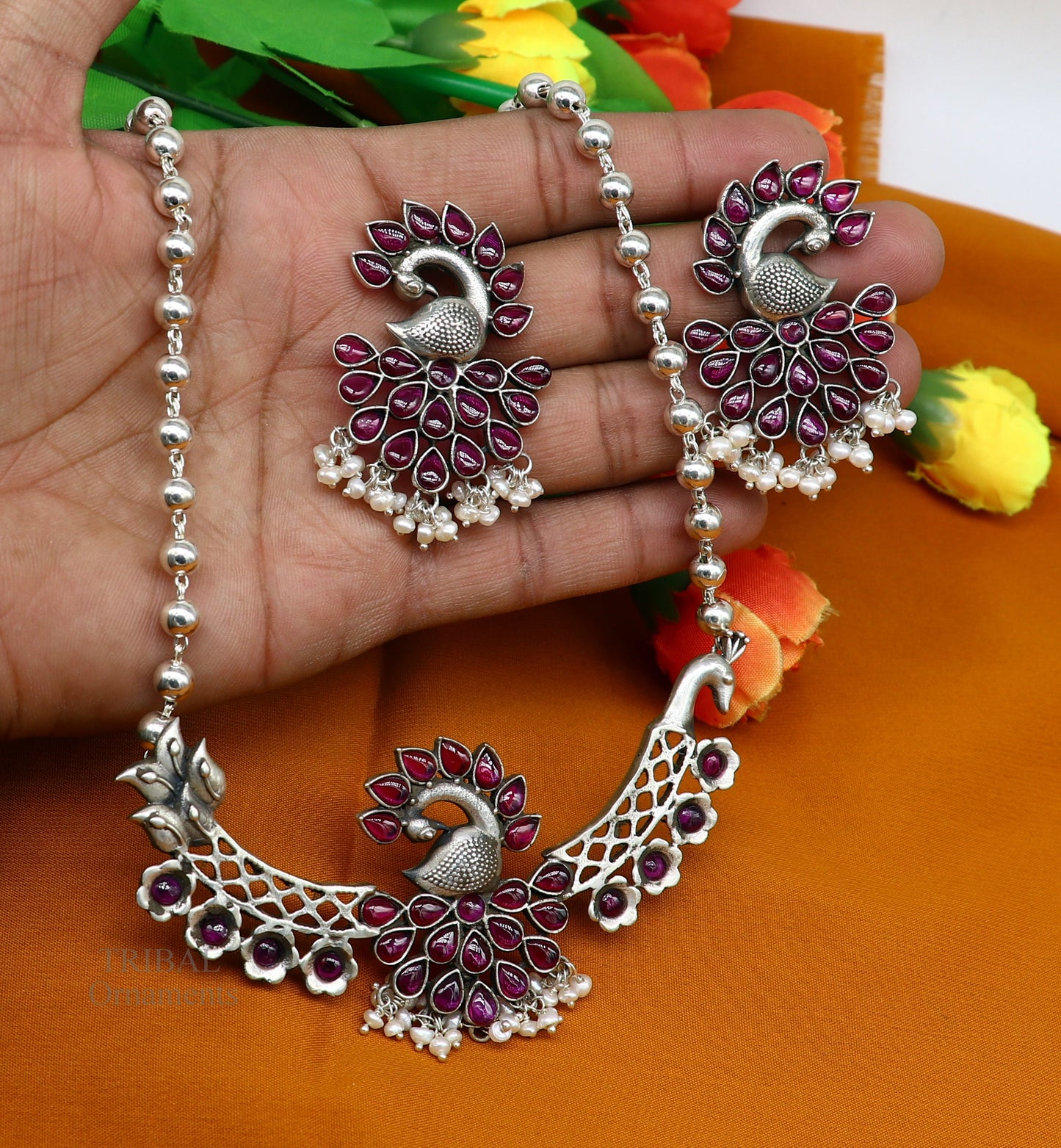 925 sterling silver handmade peacock design stylish luxury necklace, best brides belly dance Guttapusalu necklace set283 - TRIBAL ORNAMENTS
