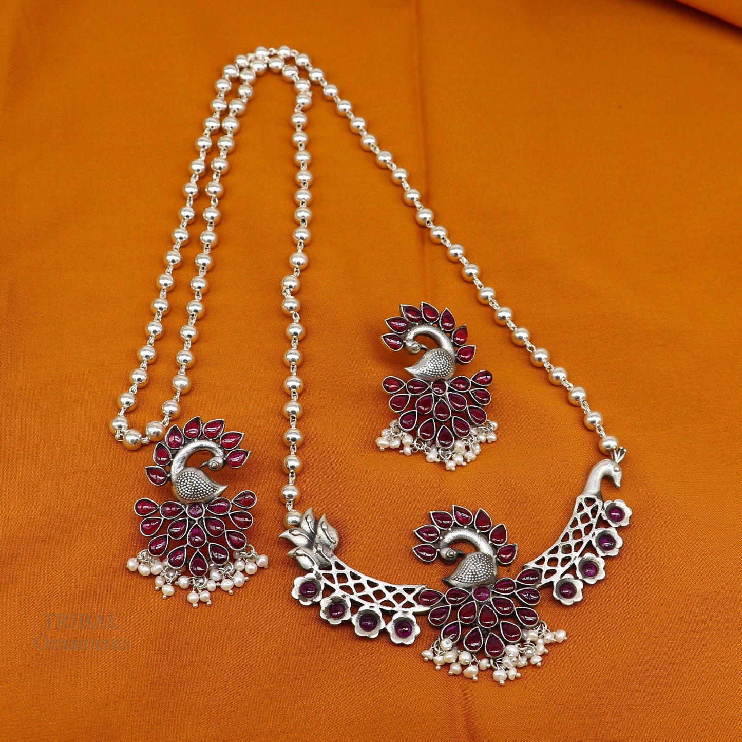 925 sterling silver handmade peacock design stylish luxury necklace, best brides belly dance Guttapusalu necklace set283 - TRIBAL ORNAMENTS
