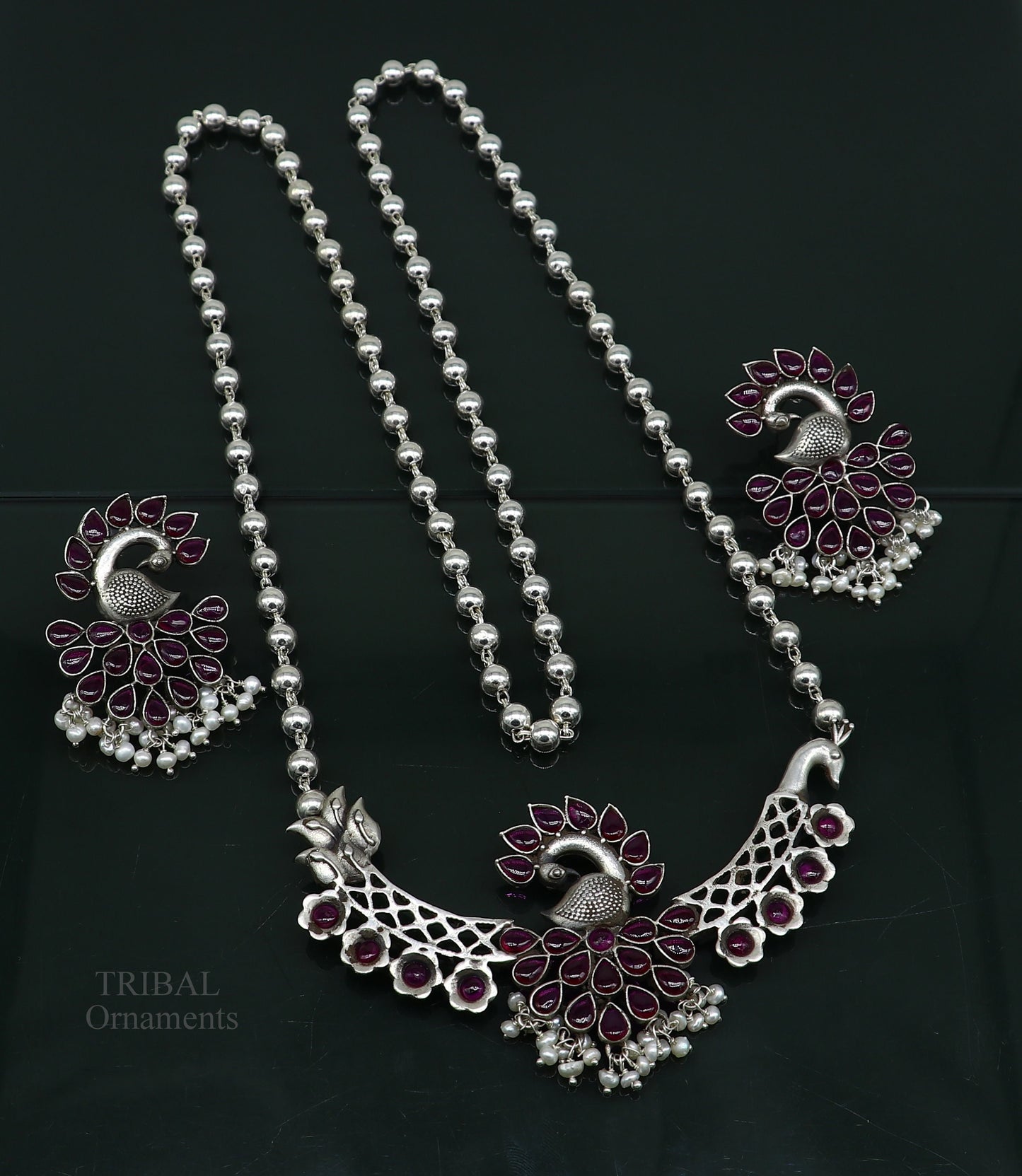 925 sterling silver handmade peacock design stylish luxury necklace, best brides belly dance Guttapusalu necklace set283 - TRIBAL ORNAMENTS