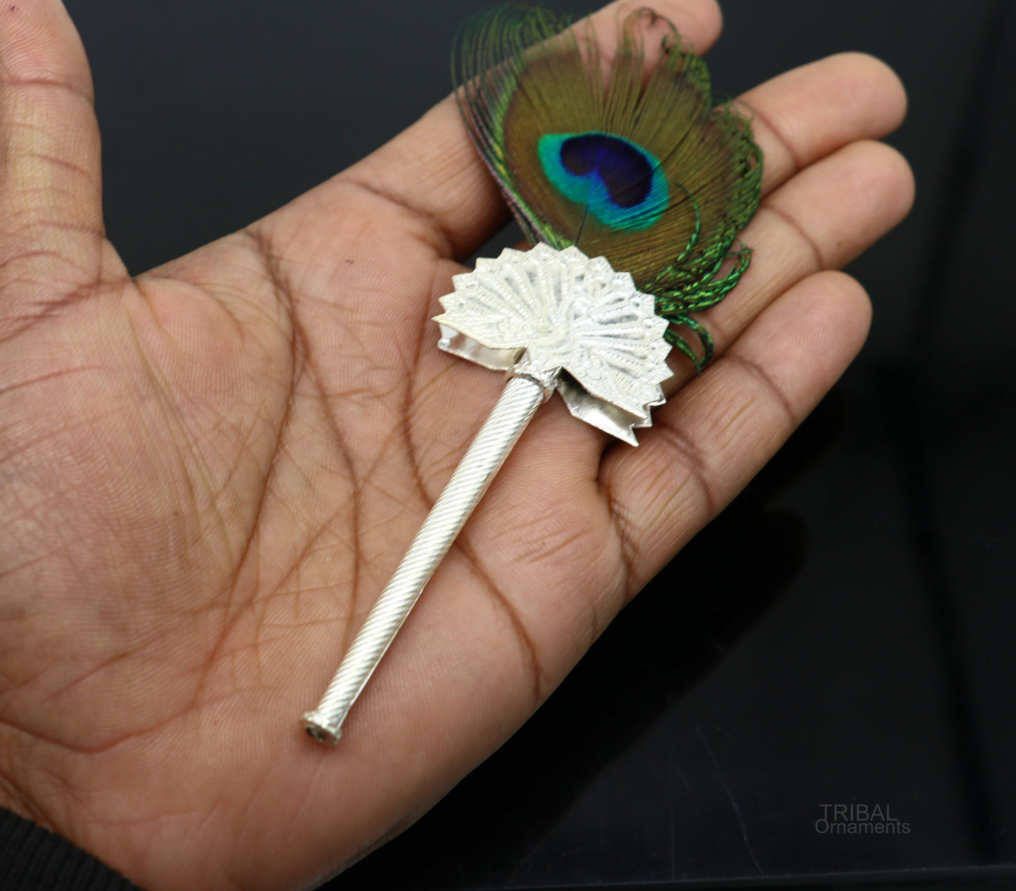 Vintage antique style handmade Mor chhadi, with peacock feather, best lord krishna laddu gopal gift, silver pankhi silver mor chadi su602 - TRIBAL ORNAMENTS