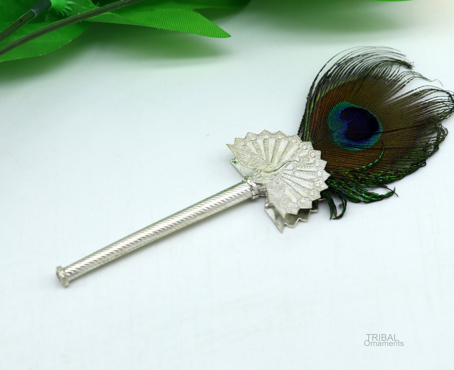 Vintage antique style handmade Mor chhadi, with peacock feather, best lord krishna laddu gopal gift, silver pankhi silver mor chadi su602 - TRIBAL ORNAMENTS