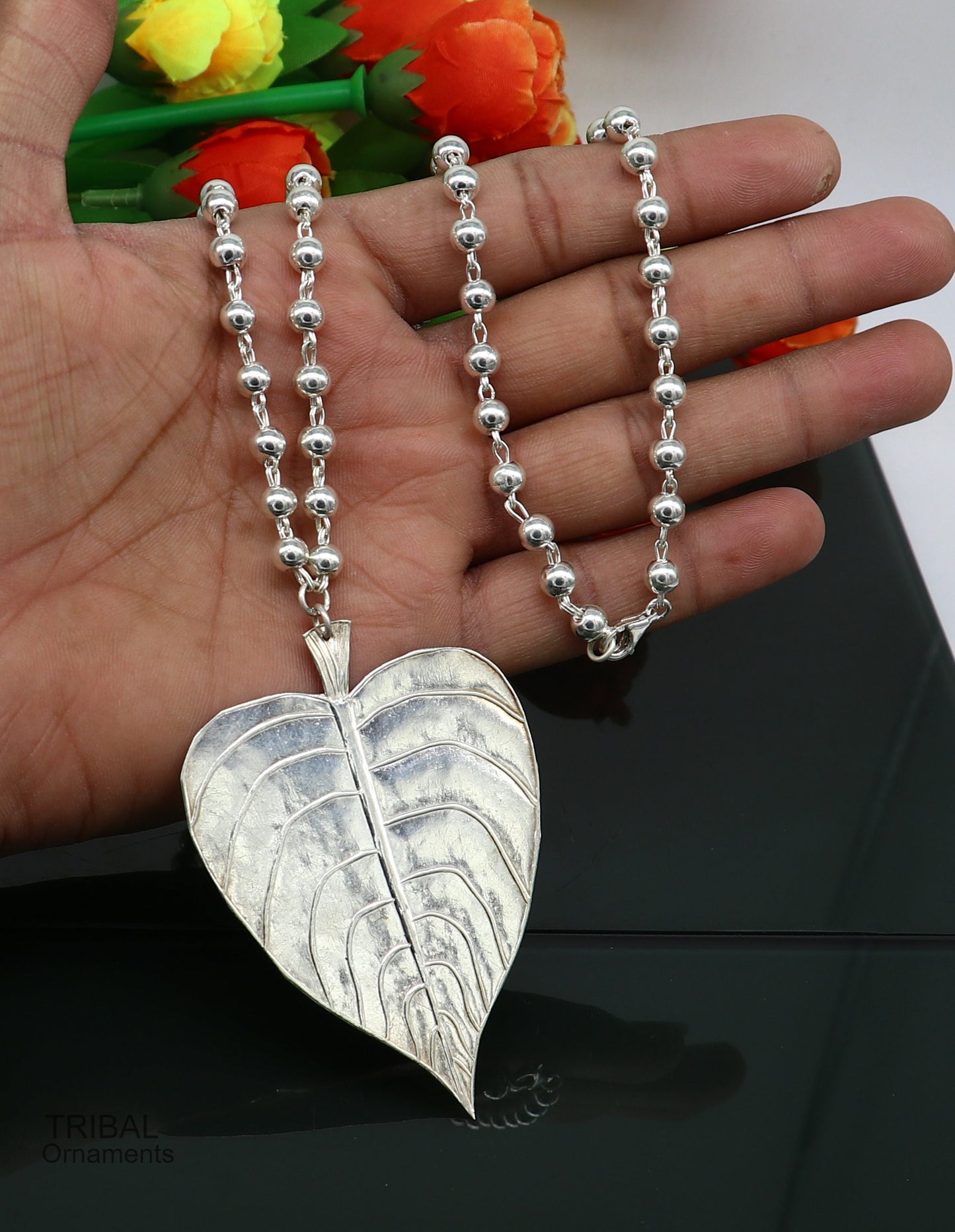 Solid Sterling silver handmade vintage design peepal tree leaf pendant with beaded necklace tribal ethnic customized jewelry set275 - TRIBAL ORNAMENTS