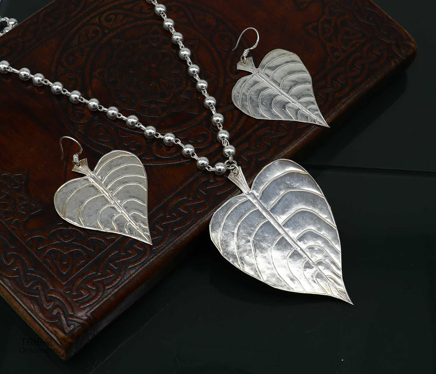 Solid Sterling silver handmade vintage design peepal tree leaf pendant with beaded necklace tribal ethnic customized jewelry set275 - TRIBAL ORNAMENTS