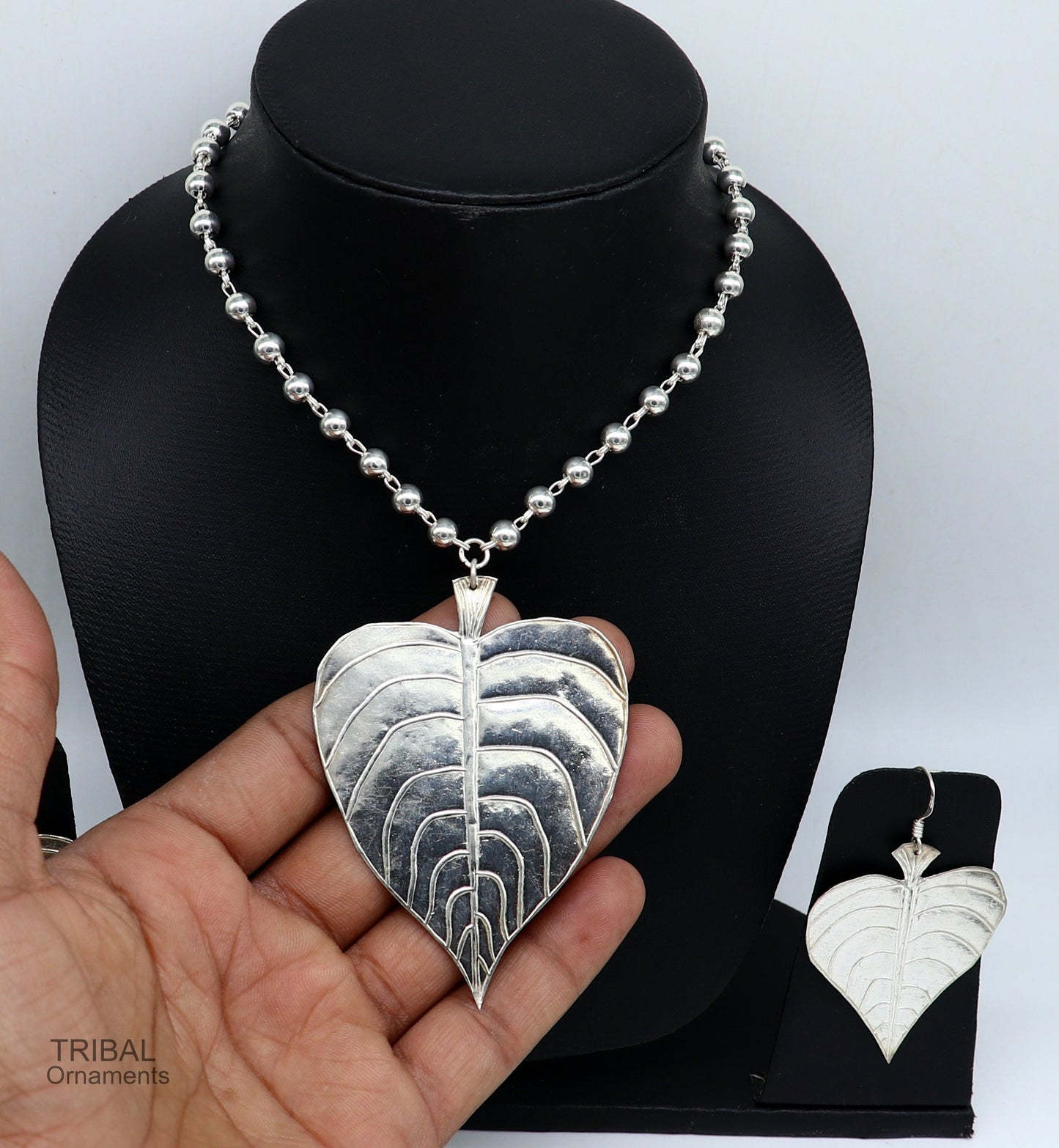 Solid Sterling silver handmade vintage design peepal tree leaf pendant with beaded necklace tribal ethnic customized jewelry set275 - TRIBAL ORNAMENTS