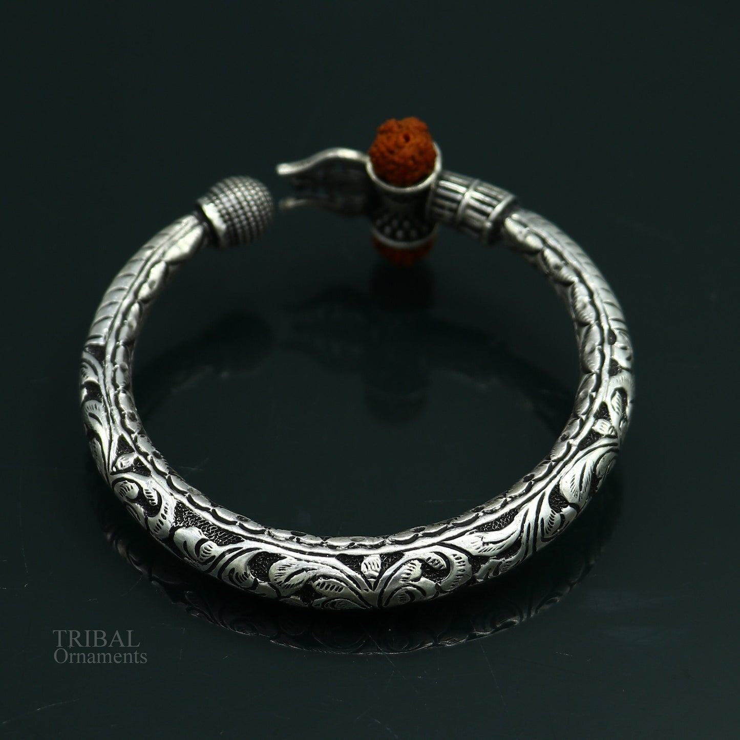 925 Sterling silver handmade chitai work Lord Shiva trident trishul kada bangle bracelet with natural Rudraksha customized kada nsk420 - TRIBAL ORNAMENTS