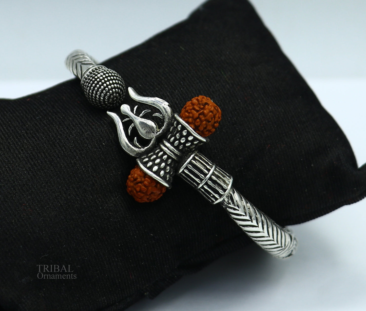 925 Sterling silver handmade chitai work Lord Shiva trident trishul kada bangle bracelet with natural Rudraksha customized kada nsk420 - TRIBAL ORNAMENTS