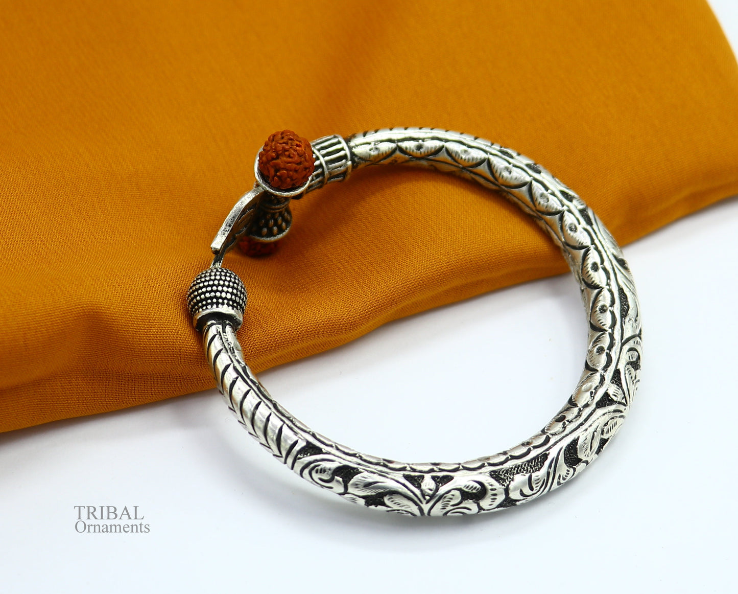 925 Sterling silver handmade chitai work Lord Shiva trident trishul kada bangle bracelet with natural Rudraksha customized kada nsk420 - TRIBAL ORNAMENTS
