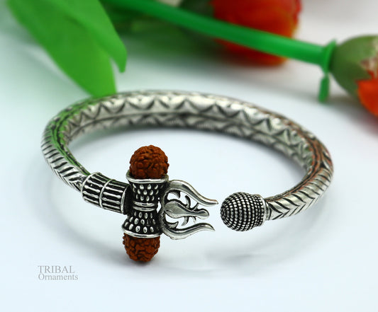925 Sterling silver handmade chitai work Lord Shiva trident trishul kada bangle bracelet with natural Rudraksha customized kada nsk420 - TRIBAL ORNAMENTS