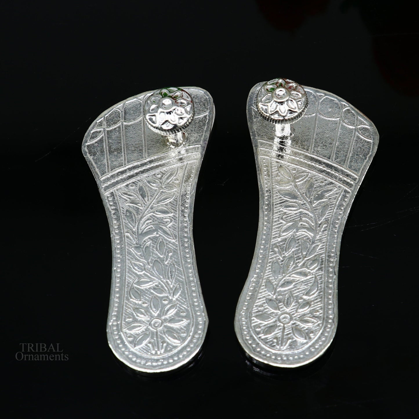 3" Solid sterling silver handmade Charan paduka or slippers for idol krishna, laddu gopala, little krishna or Vshnu Narayana puja art su637 - TRIBAL ORNAMENTS