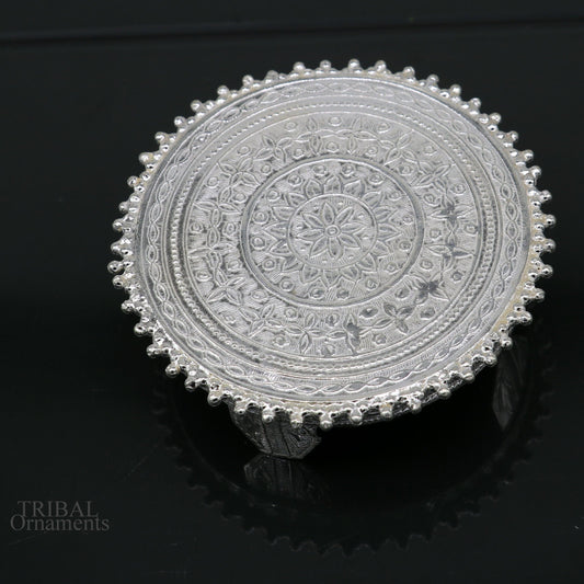 7 cm Vintage design Sterling silver handmade stunning small round shape table/bazot/chouki, excellent home puja utensils temple art su638 - TRIBAL ORNAMENTS