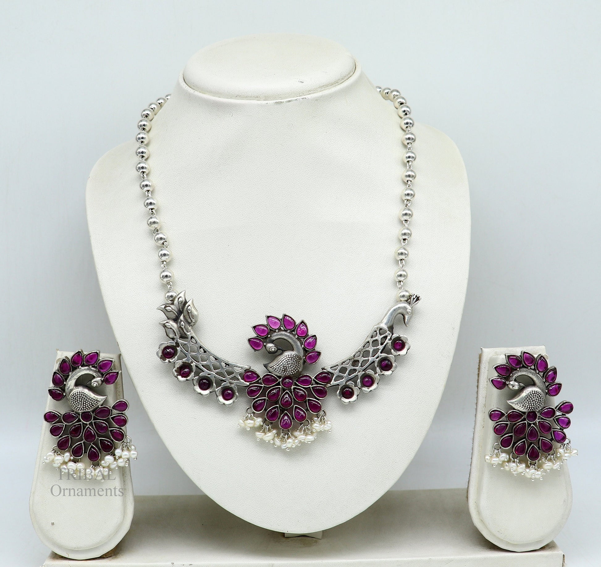 925 sterling silver handmade peacock design stylish luxury necklace, best brides belly dance Guttapusalu necklace set283 - TRIBAL ORNAMENTS