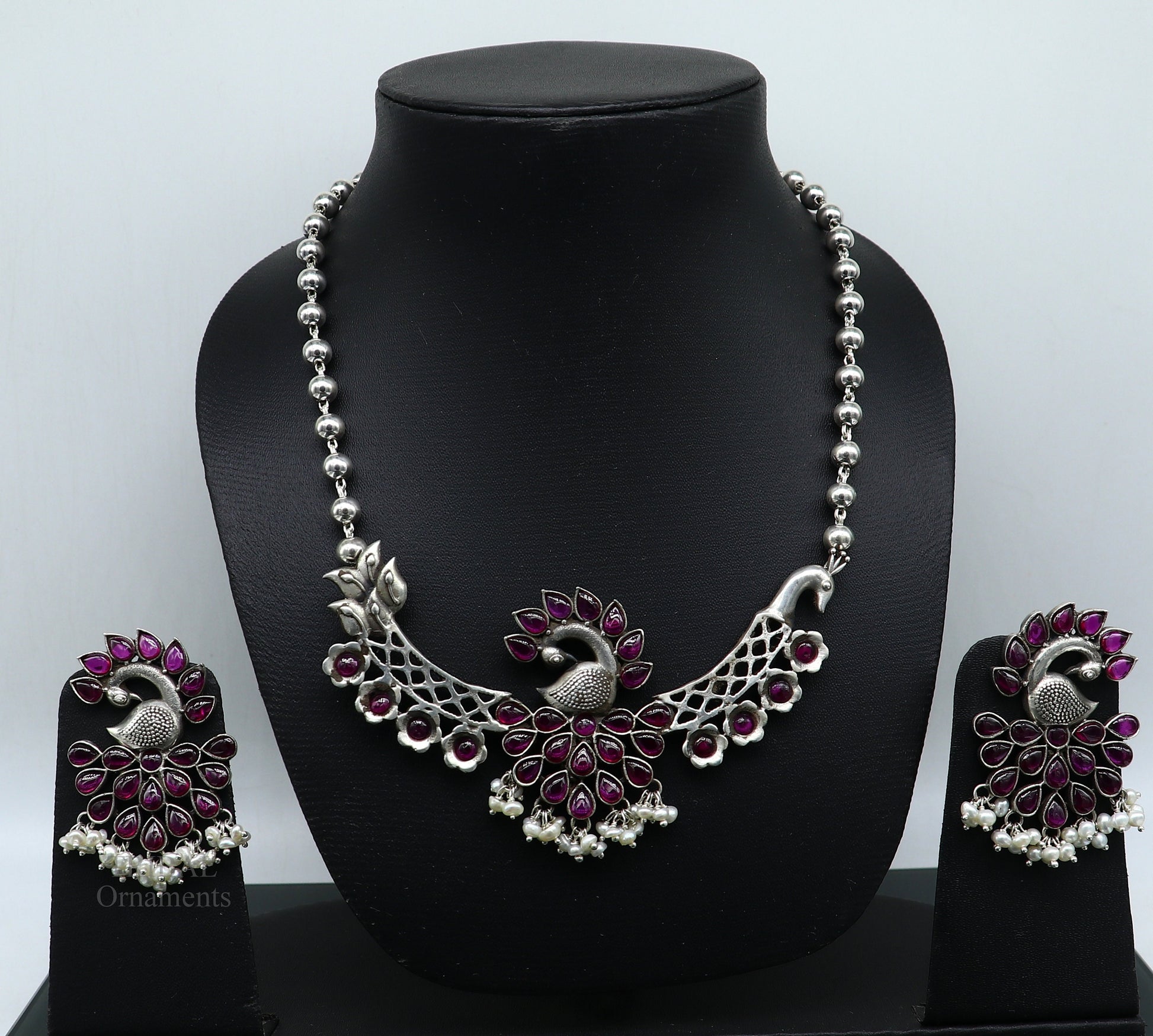 925 sterling silver handmade peacock design stylish luxury necklace, best brides belly dance Guttapusalu necklace set283 - TRIBAL ORNAMENTS