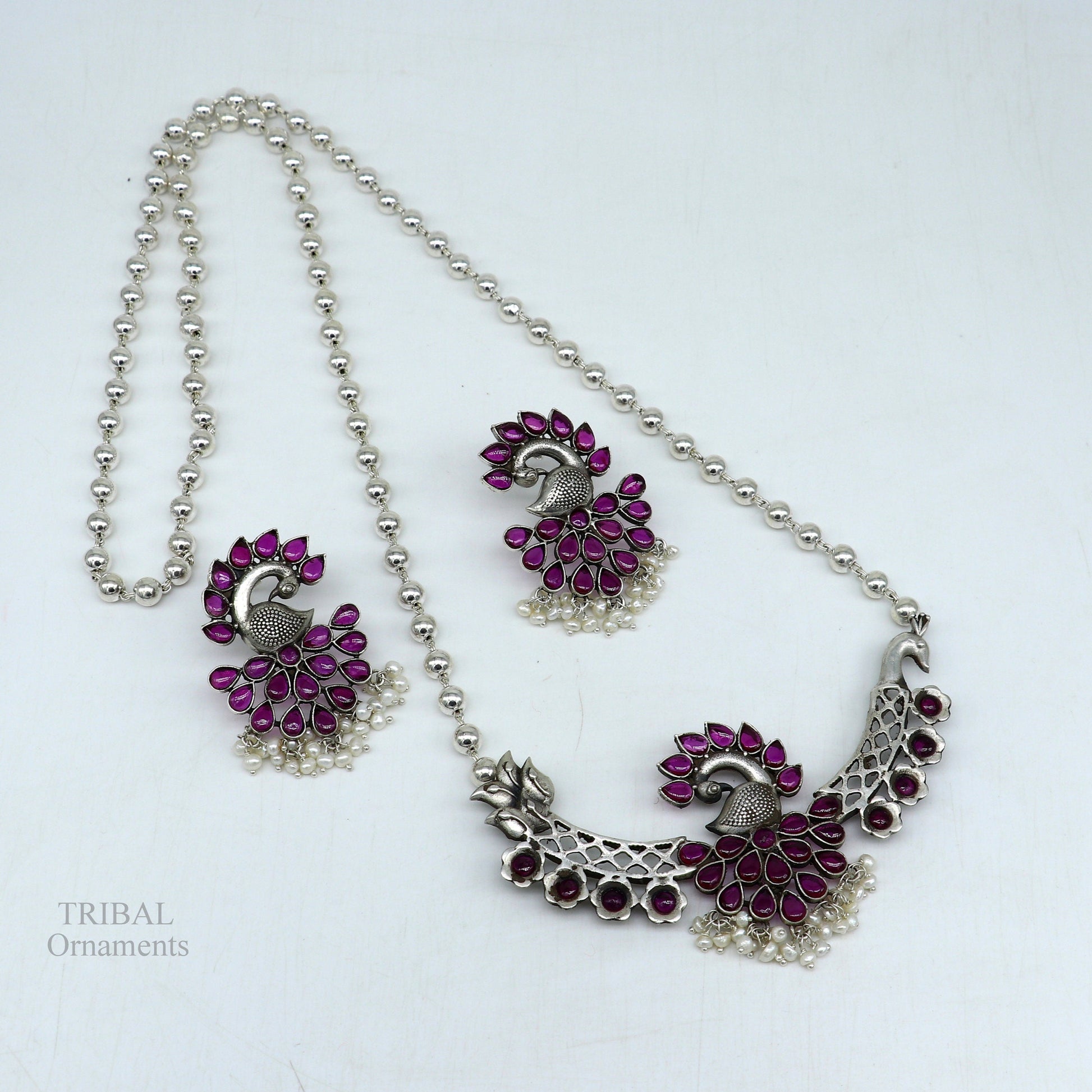 925 sterling silver handmade peacock design stylish luxury necklace, best brides belly dance Guttapusalu necklace set283 - TRIBAL ORNAMENTS