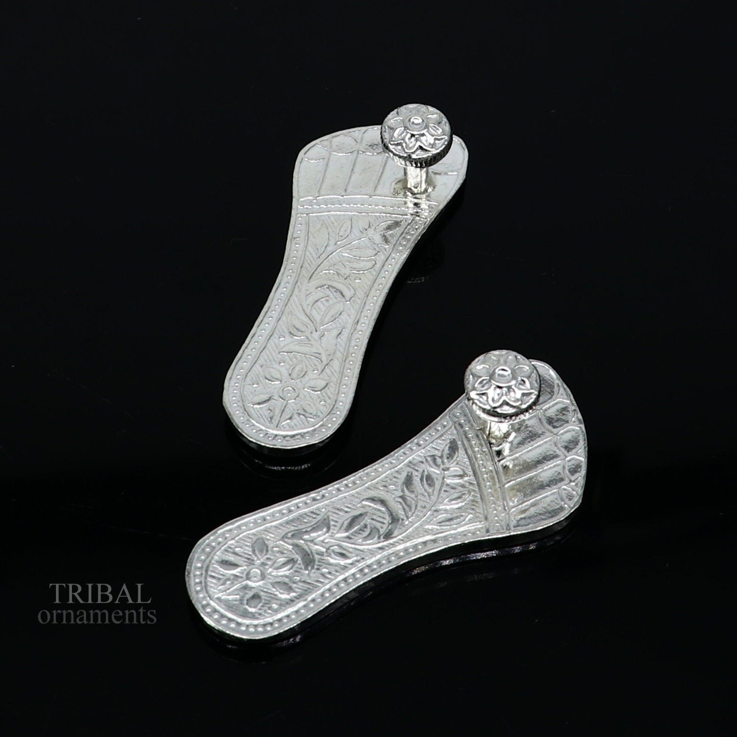 2.3" sterling silver handmade Charan paduka or slippers for idol krishna, laddu gopala, little krishna or Vshnu Narayana puja art su642 - TRIBAL ORNAMENTS